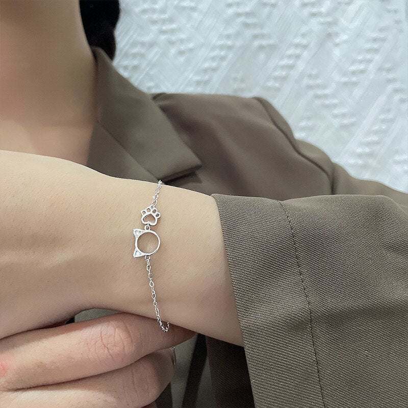 Zircon Cat Paw Bracelets for Woman Girlfriend Sweet Cute Adjustable Chain Bracelet Silver Color Simple Jewelry