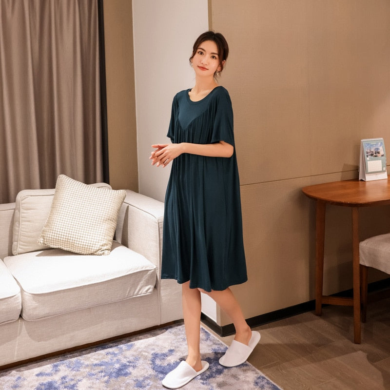 Modal Nightgown Women Cotton Clothes for Summer Loose Large Size Casual Short-sleeved Night Dress Pleated Thin Home Long Dress