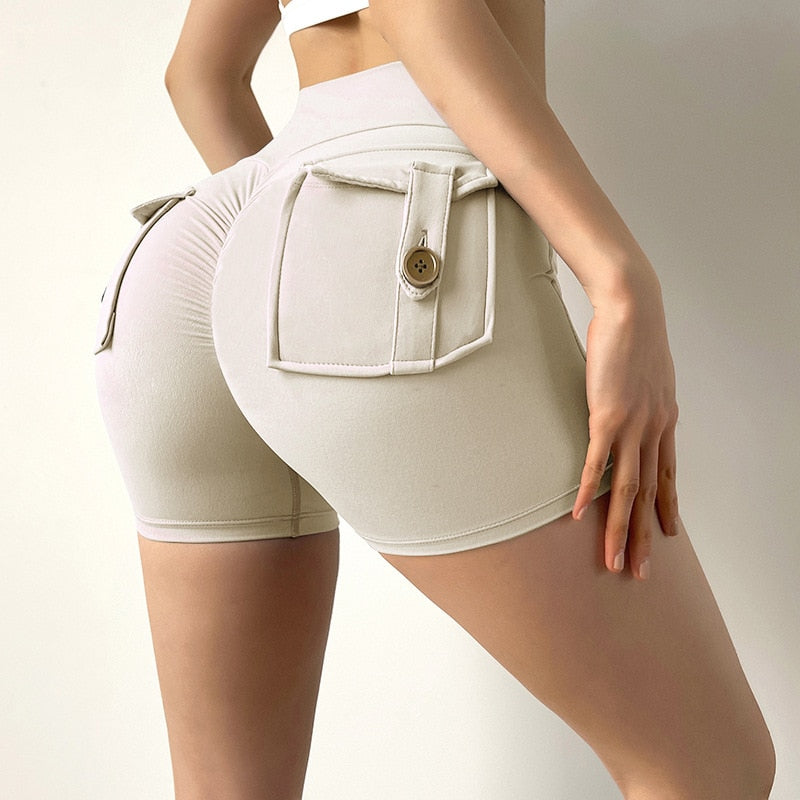 Women Sport Shorts Pockets Gym Sexy High Waist Workout Push Up Booty Scrunch Biker Shorts Pants Fitness Cycling Tights