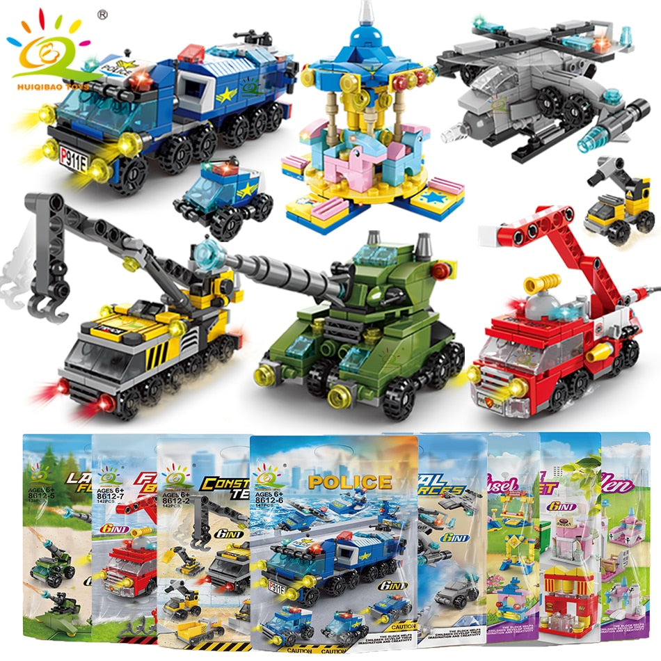 6IN1 City Fire Car Police Truck Engineering Crane Building Blocks Tank Helicopter Bricks Set Toys for Children Kids