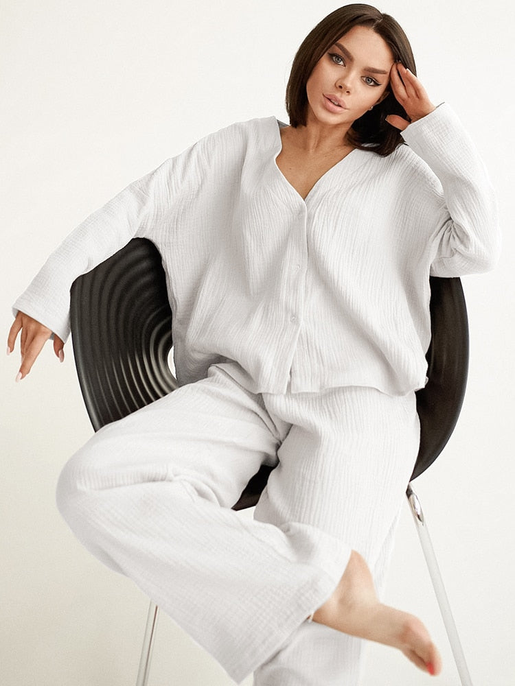 pure Cotton Sleepwear V Neck Single Breasted Wide Leg Pants Trouser Suits Drop Sleeves Set Woman 2 Pieces Loungewear