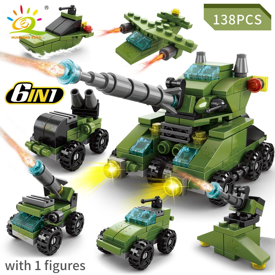 6IN1 City Fire Car Police Truck Engineering Crane Building Blocks Tank Helicopter Bricks Set Toys for Children Kids