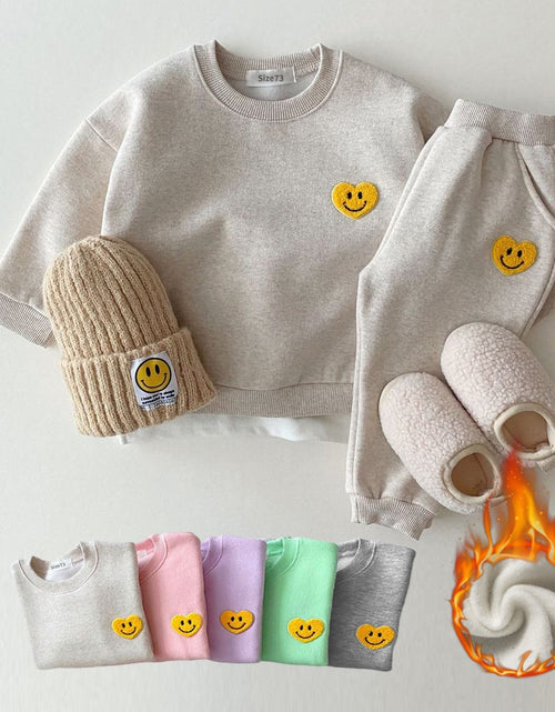 Load image into Gallery viewer, Korea Baby Boys Clothing Sets Fleece Lined Clothes Children Thicken Sweater And Velvet Baby Girls Pullover Tops+ Pant Suits 2PCS
