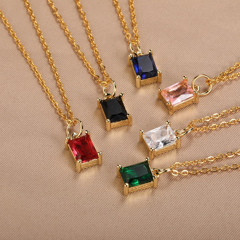 Korean Square Zircon Stone Pendant Necklaces  Color Stainless Steel Multicolor Crystal Necklaces Choker  collares para mujer