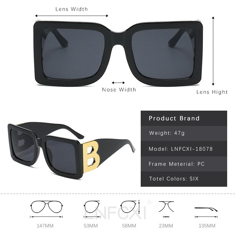 2023  Fashion Trendy Oversized  Square Frame Sunglasses Women Men The Letter B  Retro Rectangle Sunglasses Brand Designer