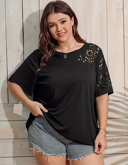 Load image into Gallery viewer, Plus Size Summer Geo Cut Out Tee Ladies Short Sleeve Solid Chiffon T-shirt Women Clothing O-Neck Tops
