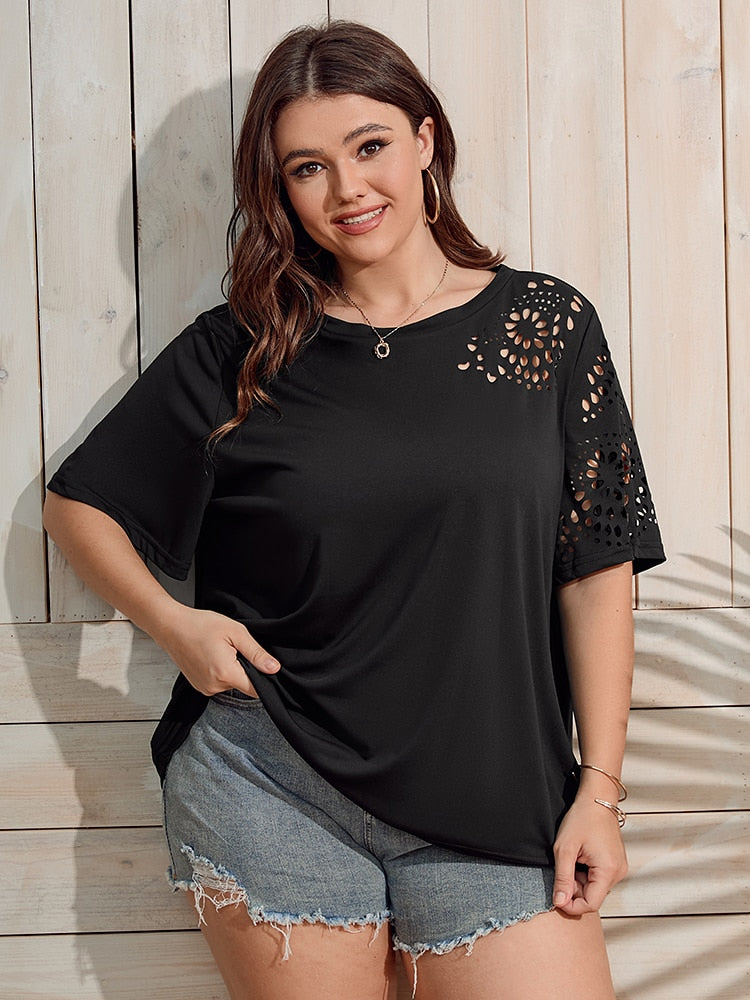 Plus Size Summer Geo Cut Out Tee Ladies Short Sleeve Solid Chiffon T-shirt Women Clothing O-Neck Tops