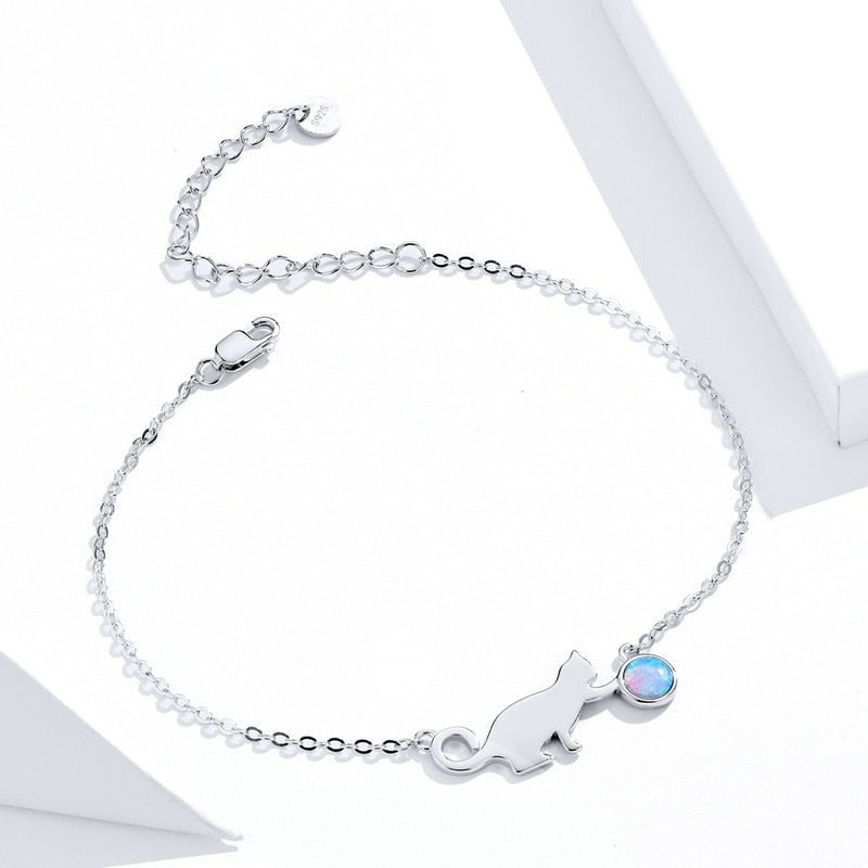 Silver Cute Pussy Cat Opal Link Bracelet for Women Luxury Fine Jewelry Female Gifts SCB175