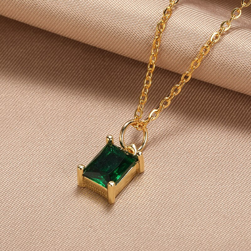 Korean Square Zircon Stone Pendant Necklaces  Color Stainless Steel Multicolor Crystal Necklaces Choker  collares para mujer