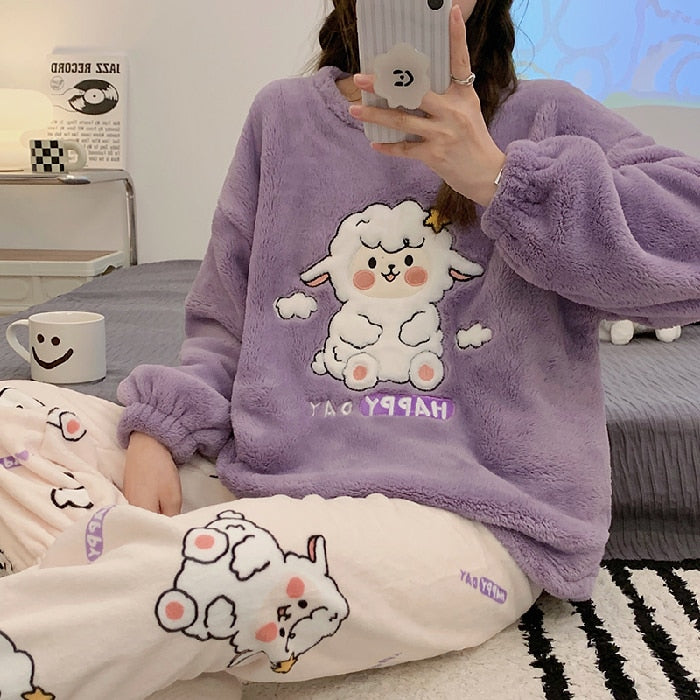 Autumn Winter New Warm Flannel Women&#39;s Pajamas Set Long-sleeved Trousers Two-piece Set Cute Soft Home Wear Clothes for Women