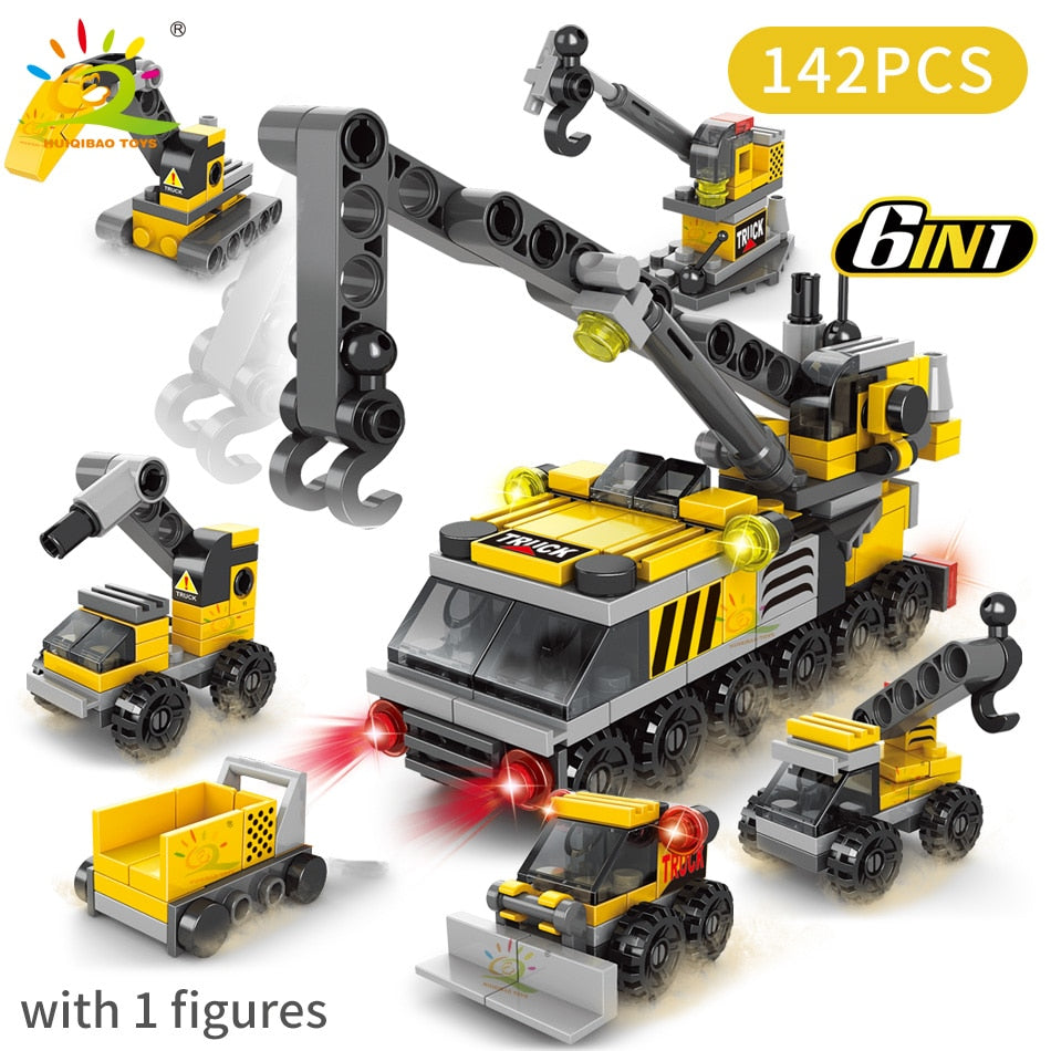 6IN1 City Fire Car Police Truck Engineering Crane Building Blocks Tank Helicopter Bricks Set Toys for Children Kids