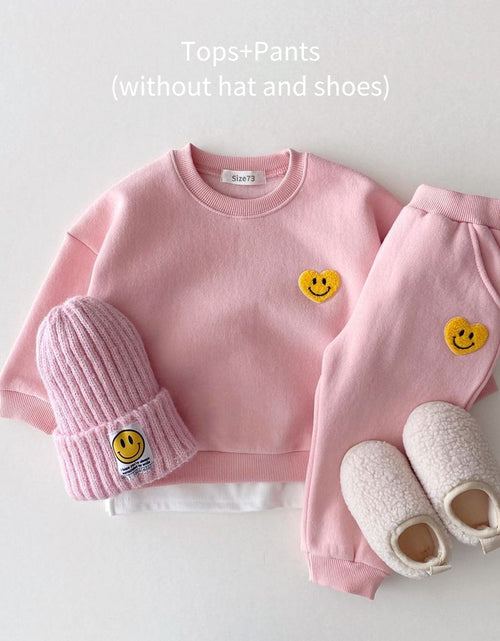 Load image into Gallery viewer, Korea Baby Boys Clothing Sets Fleece Lined Clothes Children Thicken Sweater And Velvet Baby Girls Pullover Tops+ Pant Suits 2PCS
