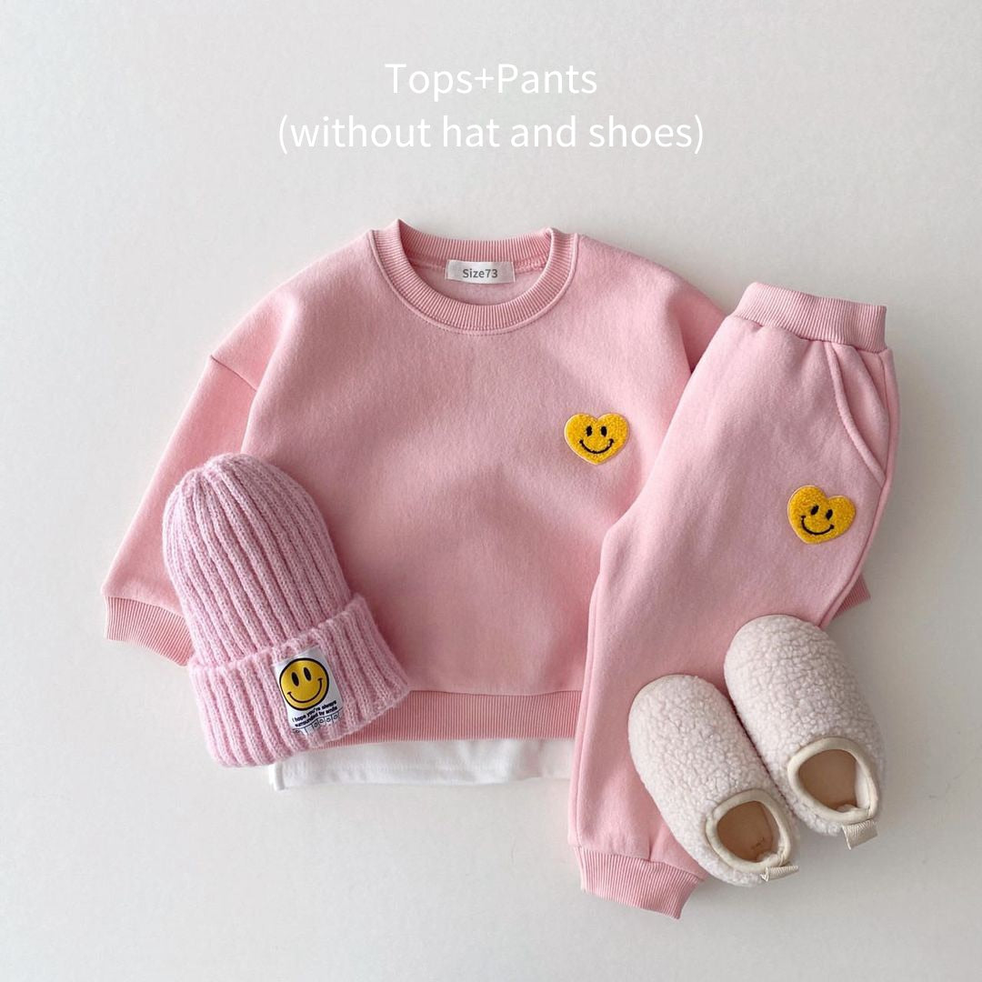 Korea Baby Boys Clothing Sets Fleece Lined Clothes Children Thicken Sweater And Velvet Baby Girls Pullover Tops+ Pant Suits 2PCS