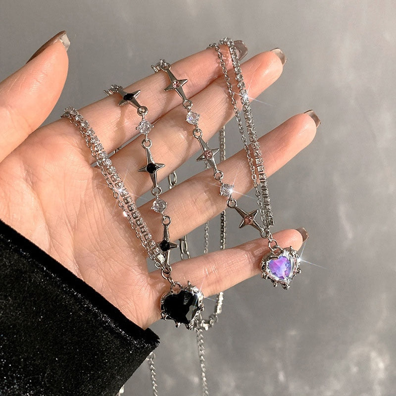 Accessories Fashion Peach Heart Water Drop Pendant Necklace Purple Crystal Egirl Sweet Cool Clavicle Chain Aesthetic Jewelry