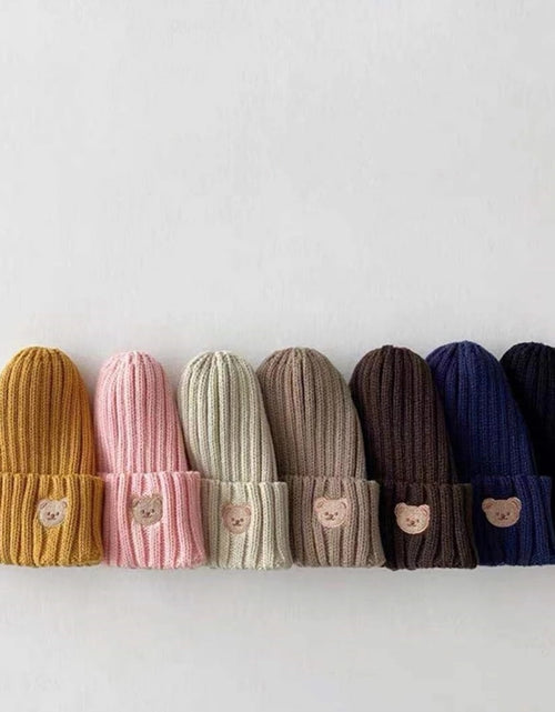 Load image into Gallery viewer, 2023 Korea Spring Autumn Kids boys Hat Candy Color Baby Boys Knit Hat Baby Girls Bear Head Embroidery Kids Knitted Hat
