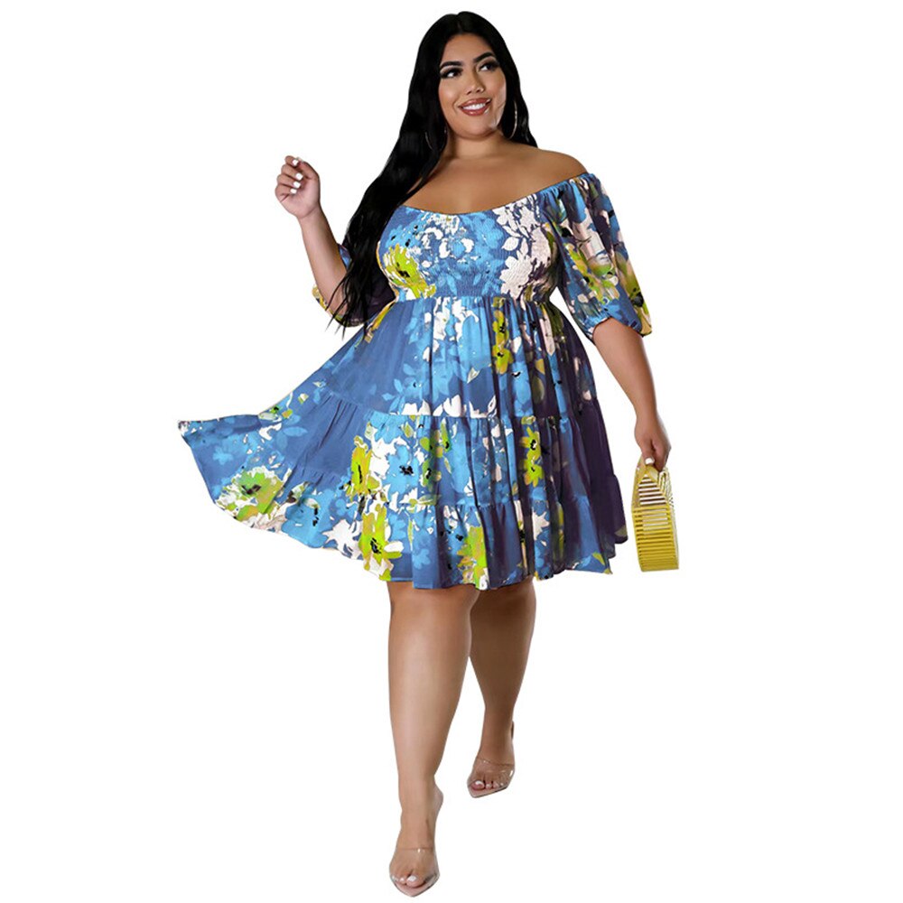 Plus Size Summer Dresses Women&#39;s Clothing Flower Printed One Shoulder Elegant Mini Dress Hot Sale Wholesale Dropshipping