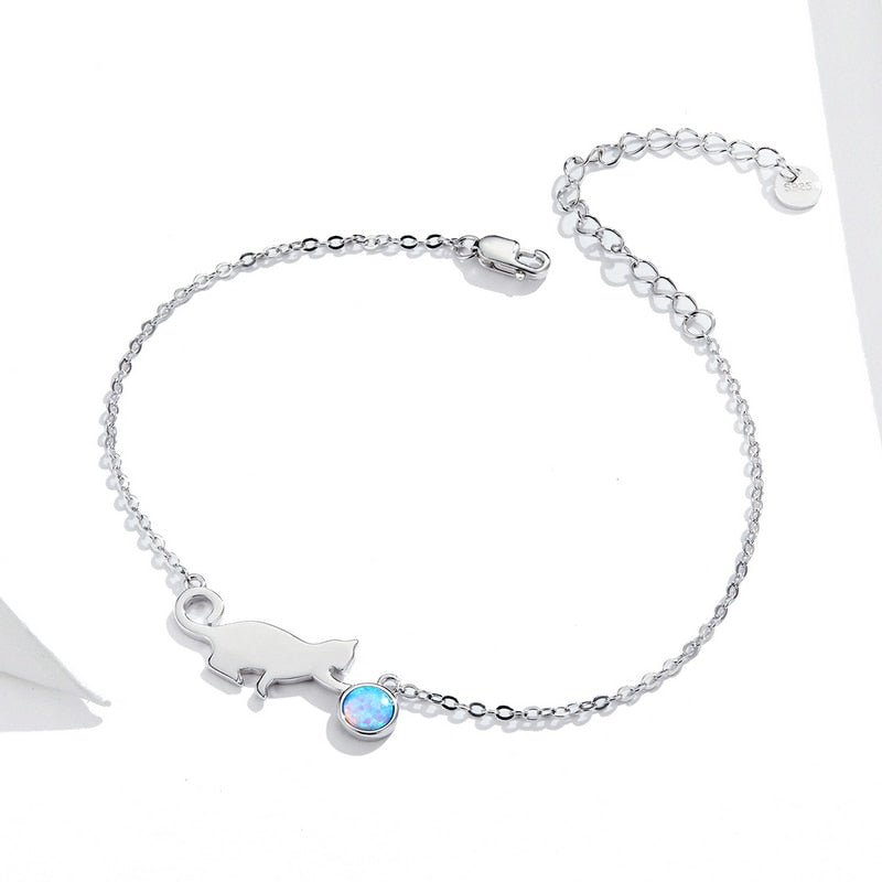 Silver Cute Pussy Cat Opal Link Bracelet for Women Luxury Fine Jewelry Female Gifts SCB175