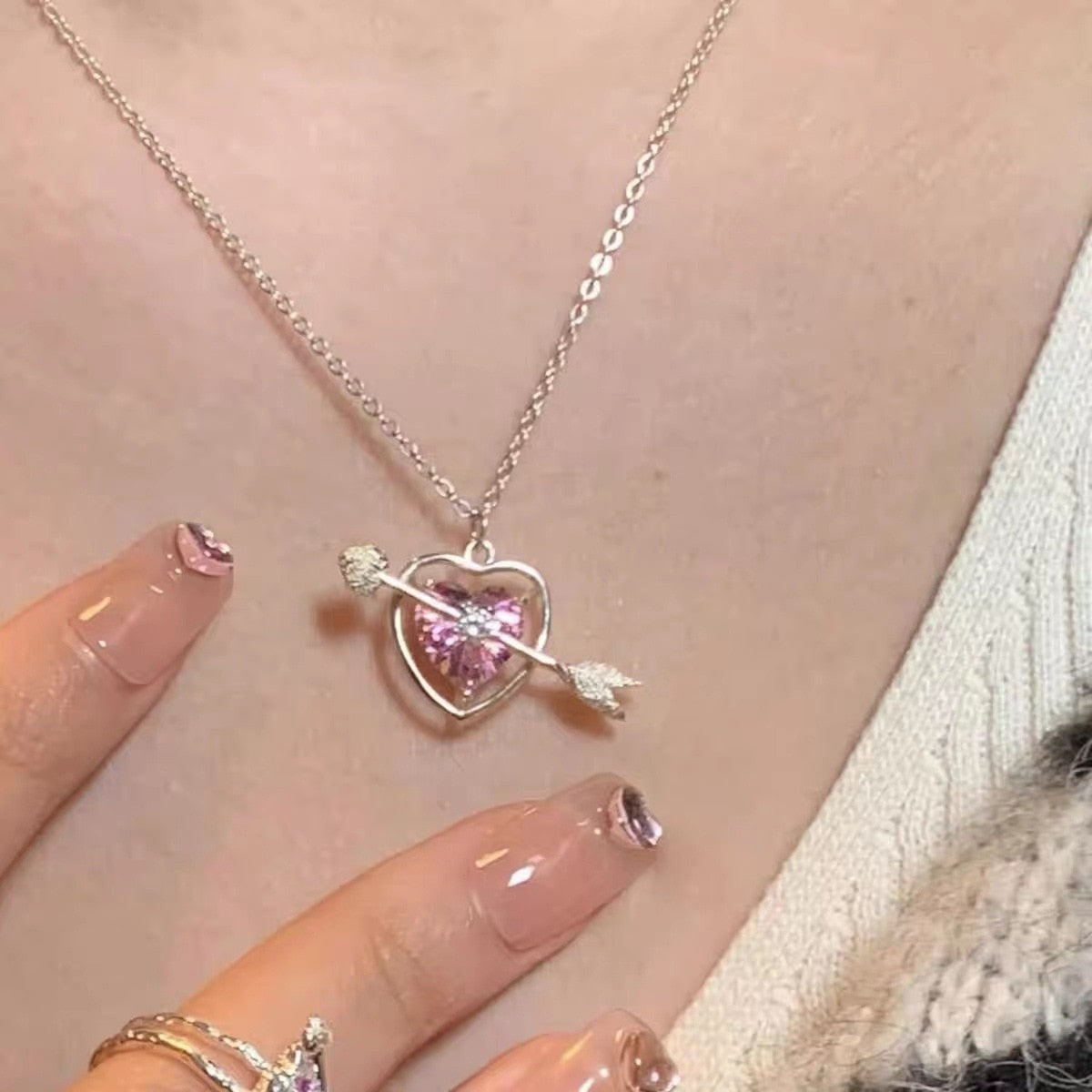 Accessories Fashion Peach Heart Water Drop Pendant Necklace Purple Crystal Egirl Sweet Cool Clavicle Chain Aesthetic Jewelry