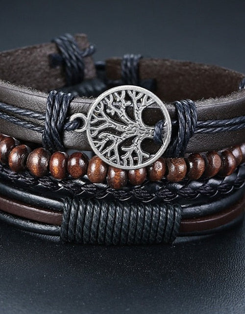 Load image into Gallery viewer, 4Pcs/ Set Braided Wrap Leather Bracelets for Men Vintage Life Tree Rudder Charm Wood Beads Ethnic Tribal Wristbands
