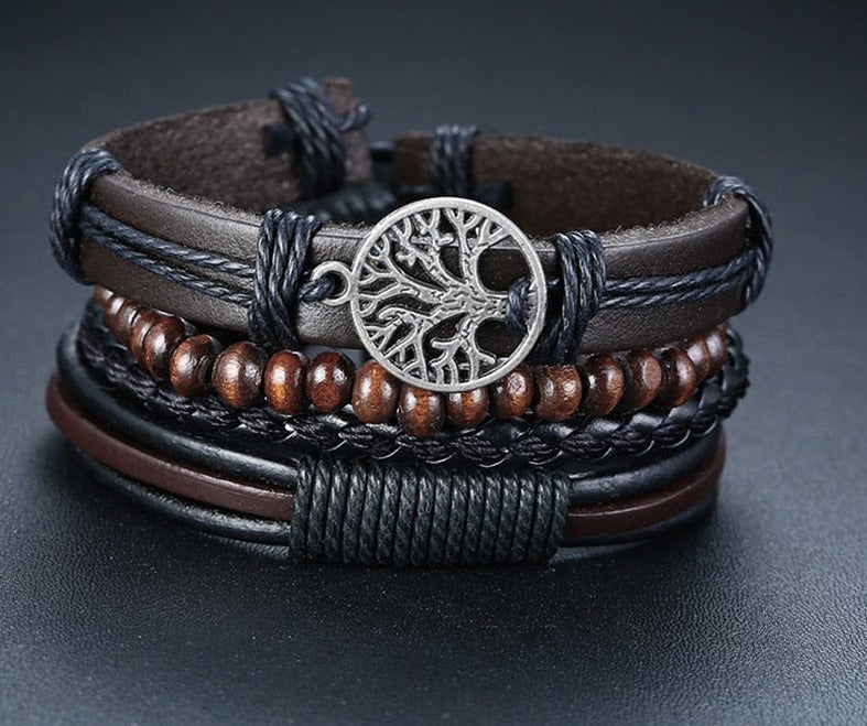 4Pcs/ Set Braided Wrap Leather Bracelets for Men Vintage Life Tree Rudder Charm Wood Beads Ethnic Tribal Wristbands