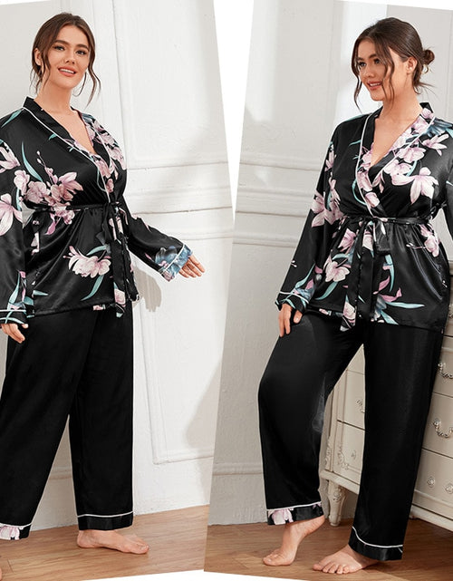 Load image into Gallery viewer, 5xl Large Size Satin Women&#39;s Cardigan Printed Robe with Long Trouser Pajamas Set Loose Conjuntos Feminino Elegante Ladies Suits
