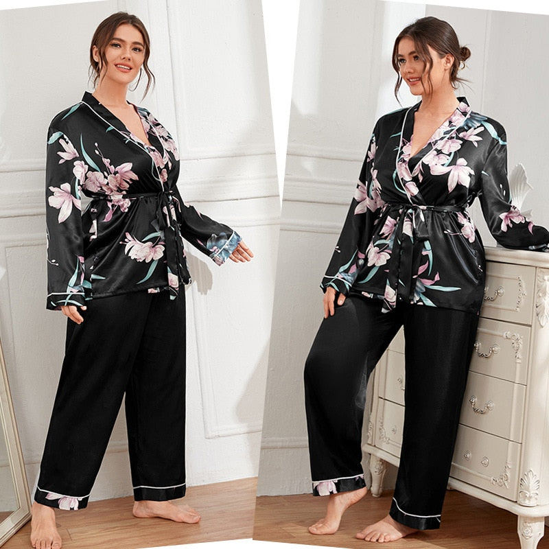 5xl Large Size Satin Women&#39;s Cardigan Printed Robe with Long Trouser Pajamas Set Loose Conjuntos Feminino Elegante Ladies Suits