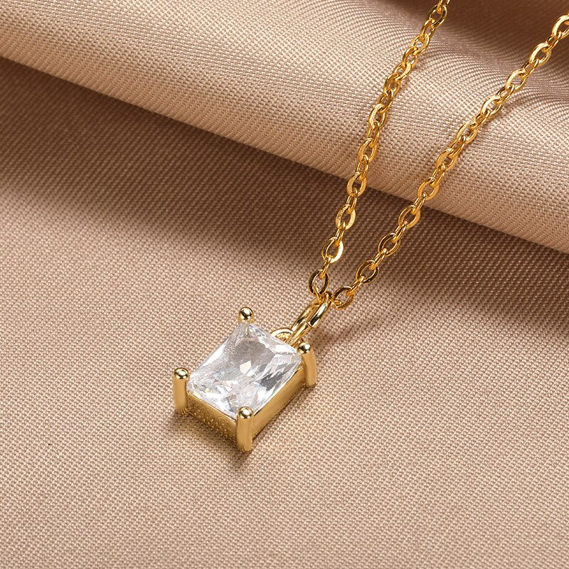 Korean Square Zircon Stone Pendant Necklaces  Color Stainless Steel Multicolor Crystal Necklaces Choker  collares para mujer