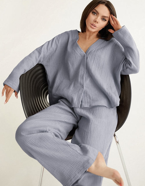 Load image into Gallery viewer, pure Cotton Sleepwear V Neck Single Breasted Wide Leg Pants Trouser Suits Drop Sleeves Set Woman 2 Pieces Loungewear
