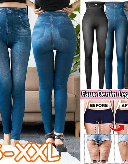 Load image into Gallery viewer, Women Super Strety Leggings Fashion Faux Denim Jeans Leggings Sexy Long Pocket Printing Leggins Summer Casual Pencil Pants
