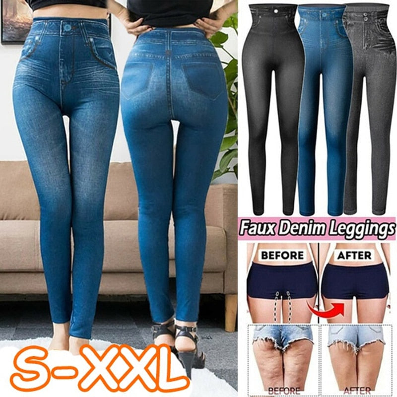 Women Super Strety Leggings Fashion Faux Denim Jeans Leggings Sexy Long Pocket Printing Leggins Summer Casual Pencil Pants