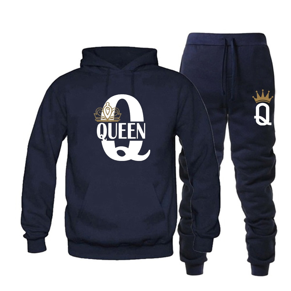 Lover Couple Sportwear Set KING QUEEN Printed Hooded Clothes 2PCS Set Hoodie and Pants Plus Size Hoodies Women