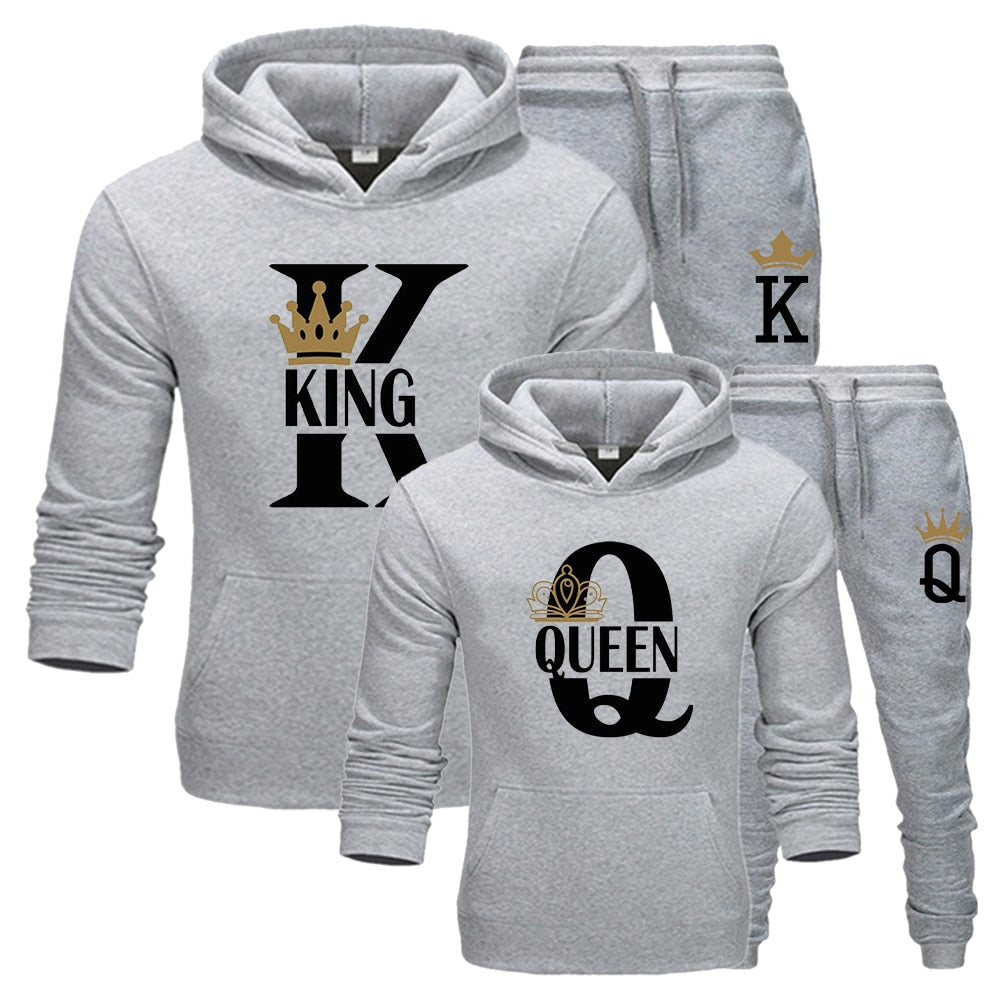 Lover Couple Sportwear Set KING QUEEN Printed Hooded Clothes 2PCS Set Hoodie and Pants Plus Size Hoodies Women