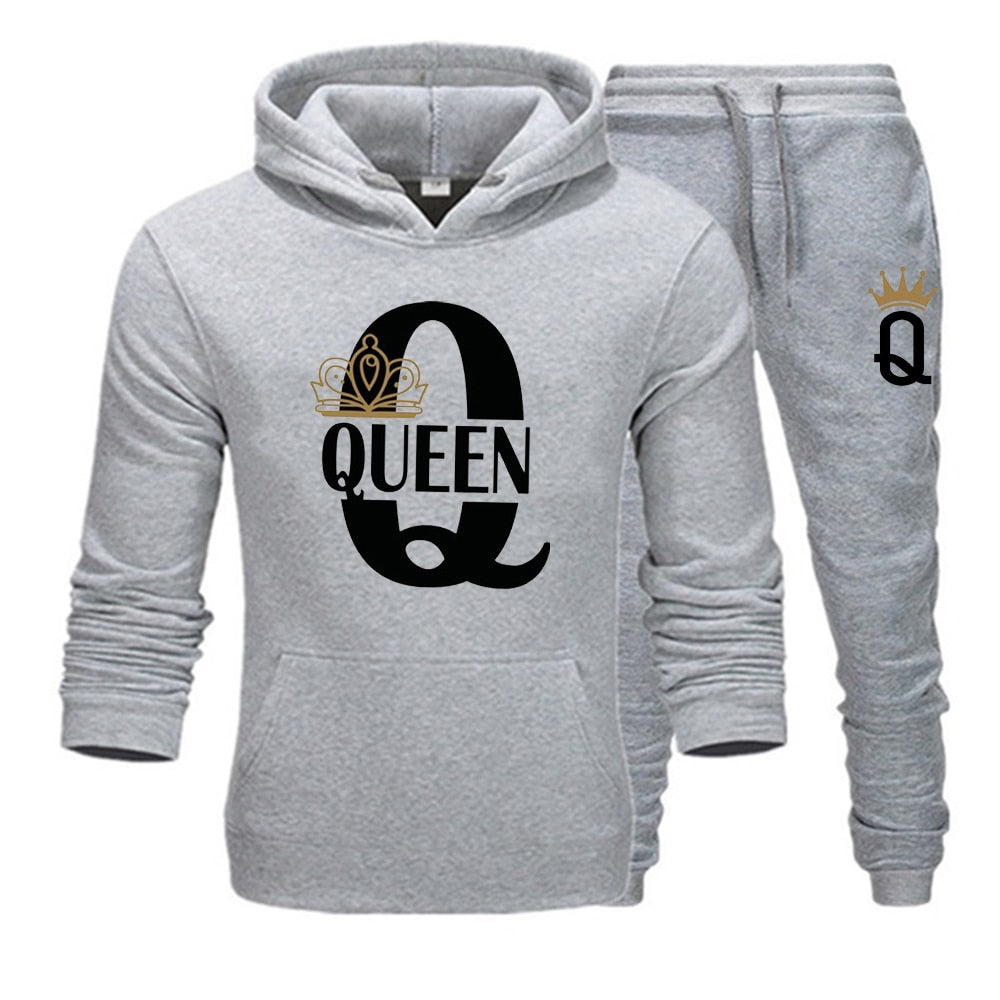 Lover Couple Sportwear Set KING QUEEN Printed Hooded Clothes 2PCS Set Hoodie and Pants Plus Size Hoodies Women