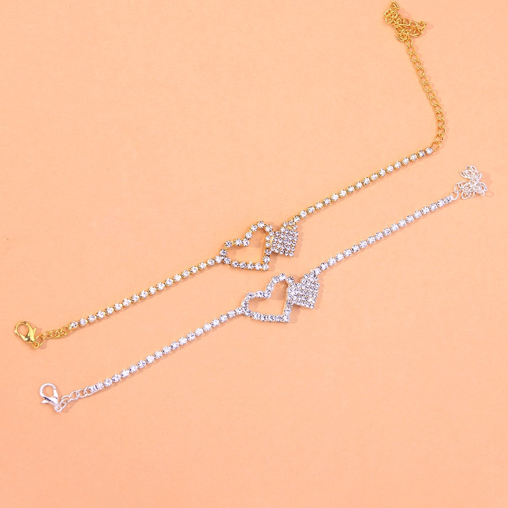 Crystal Double Love Heart Anklet Chain Bracelet Ornament Beach Rhinestone Sandals Anklet Bling Women Summer 2021 Trend Fashion