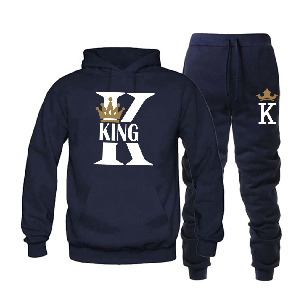 Lover Couple Sportwear Set KING QUEEN Printed Hooded Clothes 2PCS Set Hoodie and Pants Plus Size Hoodies Women