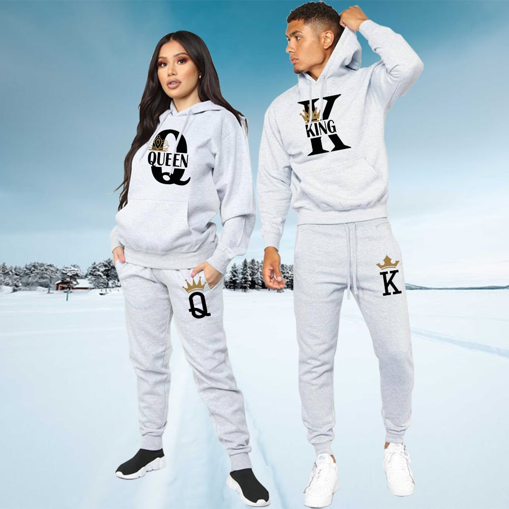 Lover Couple Sportwear Set KING QUEEN Printed Hooded Clothes 2PCS Set Hoodie and Pants Plus Size Hoodies Women