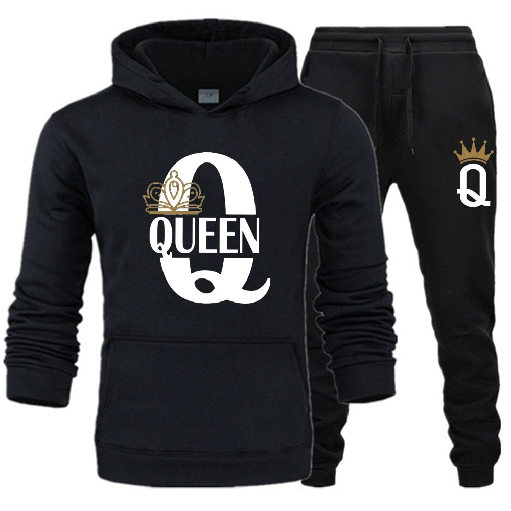 Lover Couple Sportwear Set KING QUEEN Printed Hooded Clothes 2PCS Set Hoodie and Pants Plus Size Hoodies Women