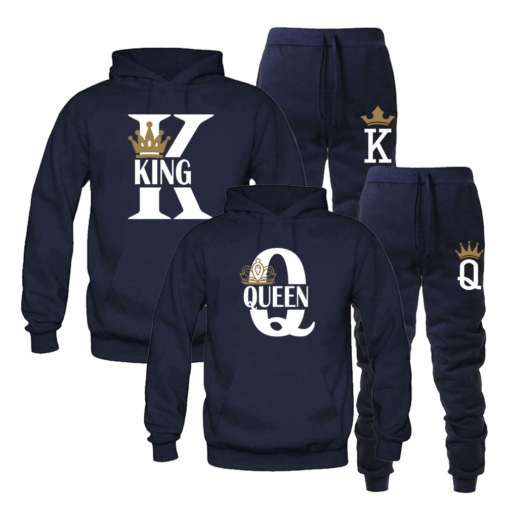 Lover Couple Sportwear Set KING QUEEN Printed Hooded Clothes 2PCS Set Hoodie and Pants Plus Size Hoodies Women