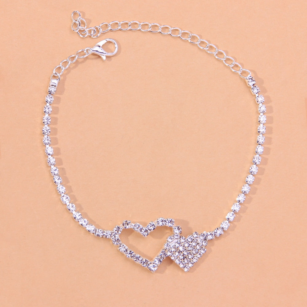 Crystal Double Love Heart Anklet Chain Bracelet Ornament Beach Rhinestone Sandals Anklet Bling Women Summer 2021 Trend Fashion