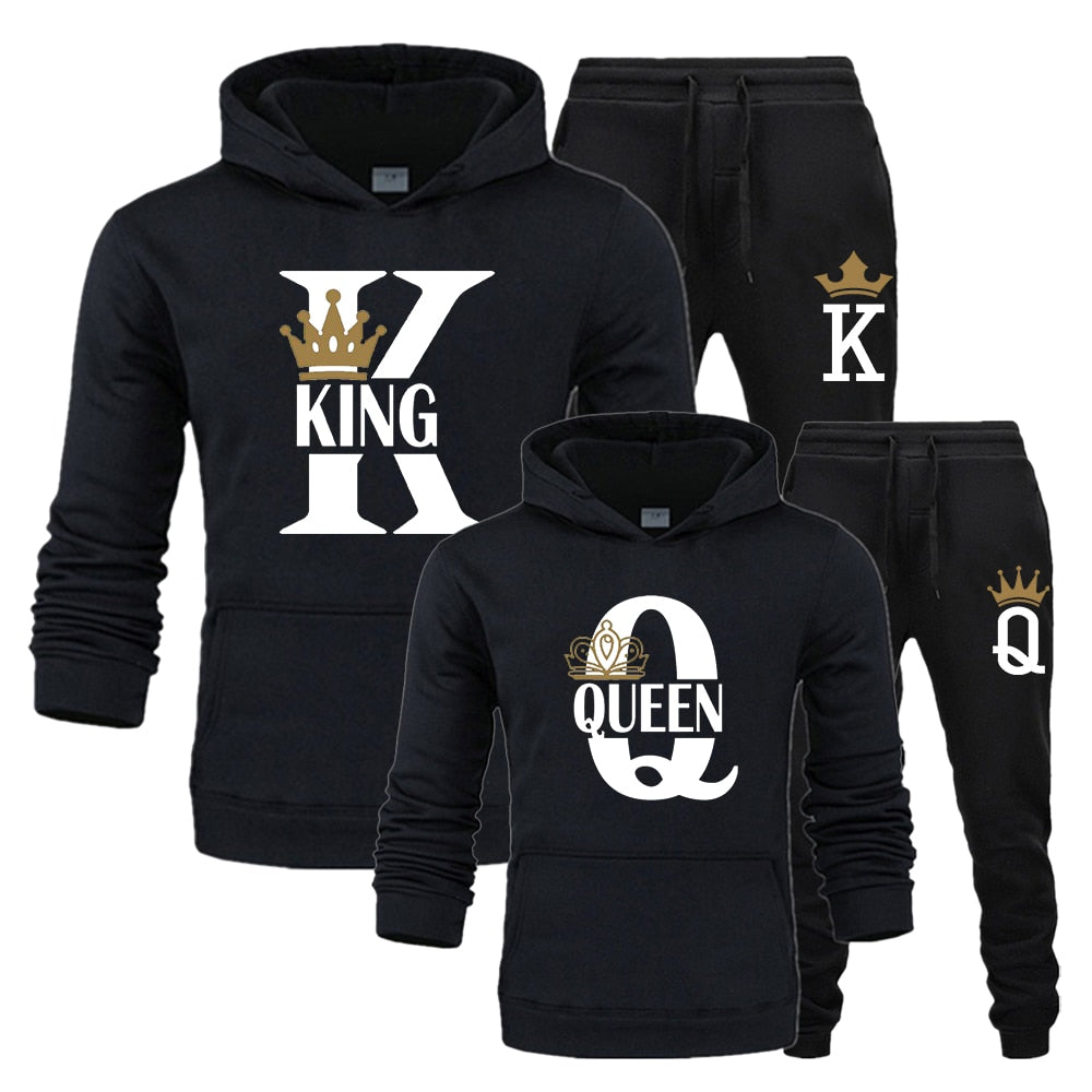 Lover Couple Sportwear Set KING QUEEN Printed Hooded Clothes 2PCS Set Hoodie and Pants Plus Size Hoodies Women