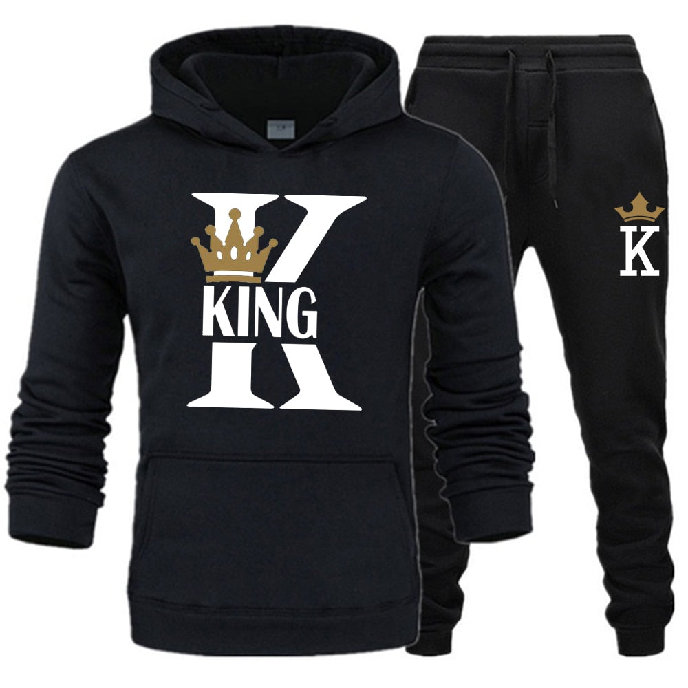 Lover Couple Sportwear Set KING QUEEN Printed Hooded Clothes 2PCS Set Hoodie and Pants Plus Size Hoodies Women